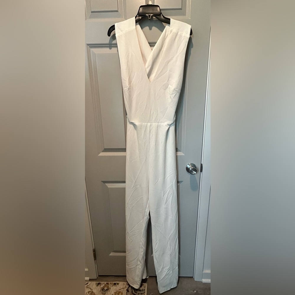 Lulu’s Elegant White Cross-back bridal jumpsuit